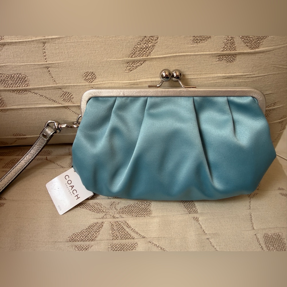 NWT COACH Light blue Satin Wristlet with Silver Frame leather strap